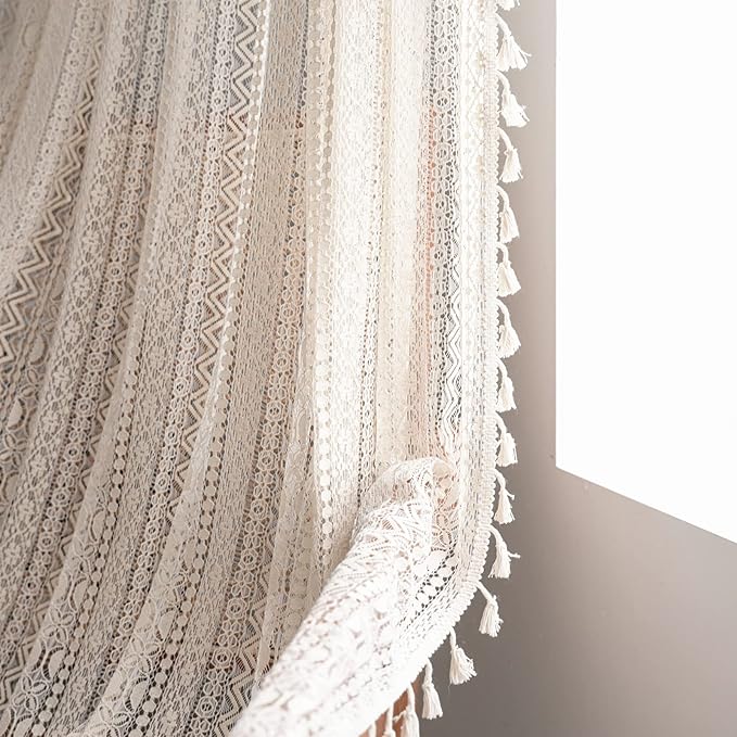 Sutuo Home Crochet Boho Curtain 84 Inches Length, Sheer Lace Handmade Tassels Knitted Window Treatment Vintage Rustic Bohemian Farmhouse Drape for Bedroom Rod Pocket 1 Panel 59" W x 84" L, Beige Wave