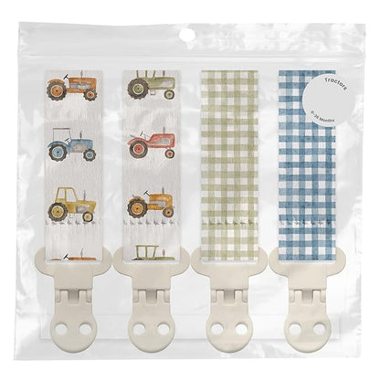 Stadela Baby Fabric Pacifier Clip Holder, Plastic Clip, 4‑Pack, Farm Pattern, Tractors Set