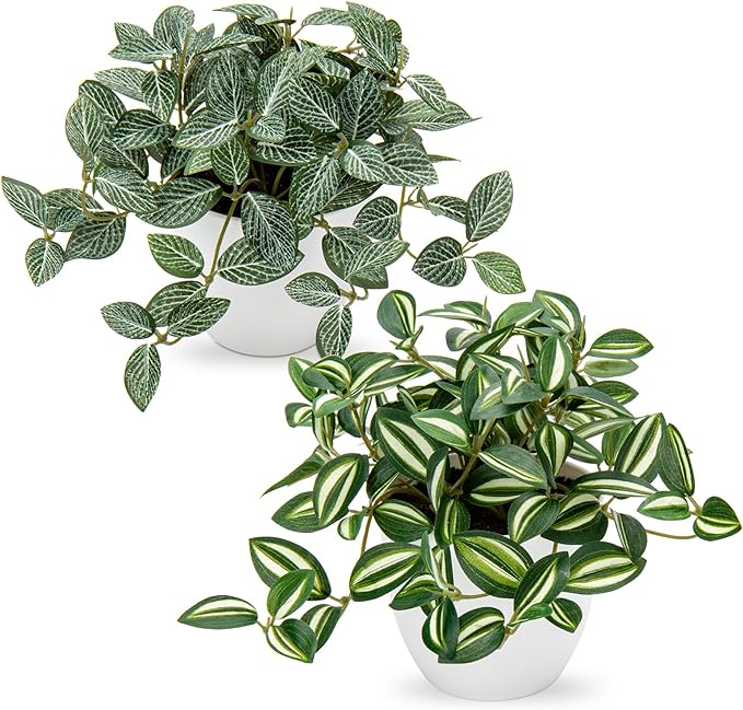Hollyone Fake Plants 2 Packs Artificial Plants Indoor Faux Plants with White Plastic Pot Small Fake Potted Plant for Home Aesthetic Living Room Bathroom Desk Shelf Office Decor