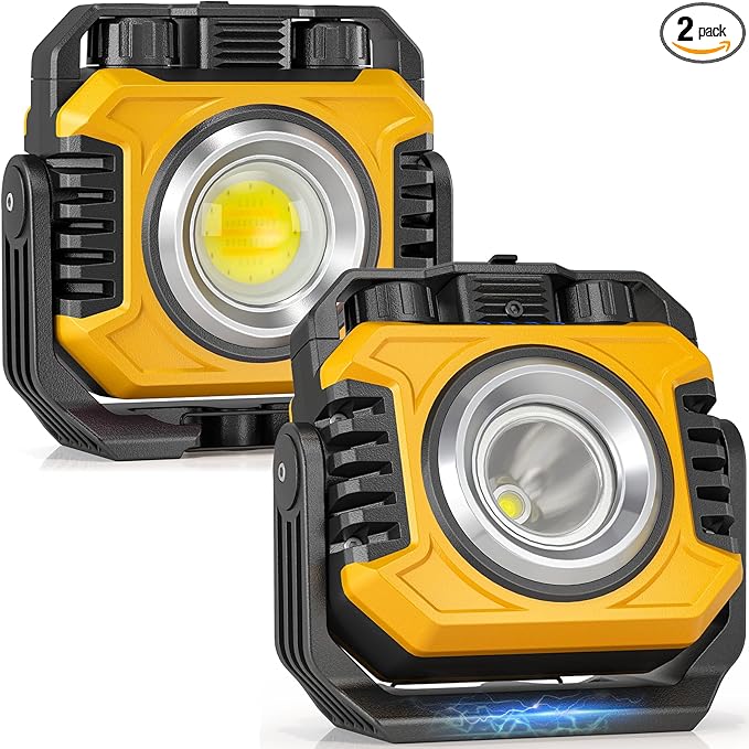 Samyoung 2-Pack 2400LM Magnetic Rechargeable Work Light, Dual-Sided LED Work Light, Up to 80 Hours Runtime, Stepless Dimming 2700K-8000K, Magnetic Flashlight with 360° Rotating Stand, Hook, Yellow