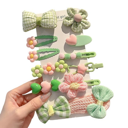 (12 Pcs) Super Cute Lovely Warm Autumn Winter Spring Theme Kid's Hairpin Flower Floral Bear Bowknot Hair Clips Hair Decoration Women Girls Salon Hairstyle Hairdressing Grip -Green