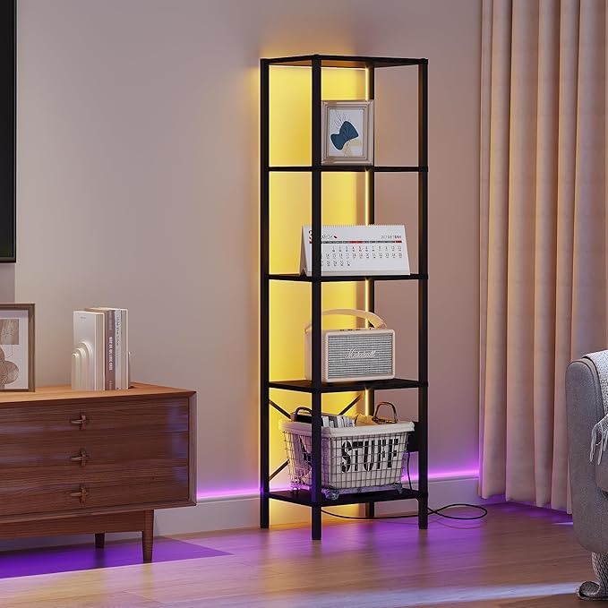 5-Tier Bookshelf, Tall Narrow Bookcase with LED Lights, Book Shelf with Steel Frame, Display Storage Shelf for Living Room, Bedroom, Home Office, Study, Balcony, Black