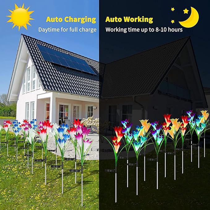 Solar Lights Outdoor Waterproof, 4 Pack Garden Decor Lights, 16 Multi-Color Changing Lily Solar Flowers for Yard Patio Pathway Decor, Gifts for Women Mom (4 Pack)