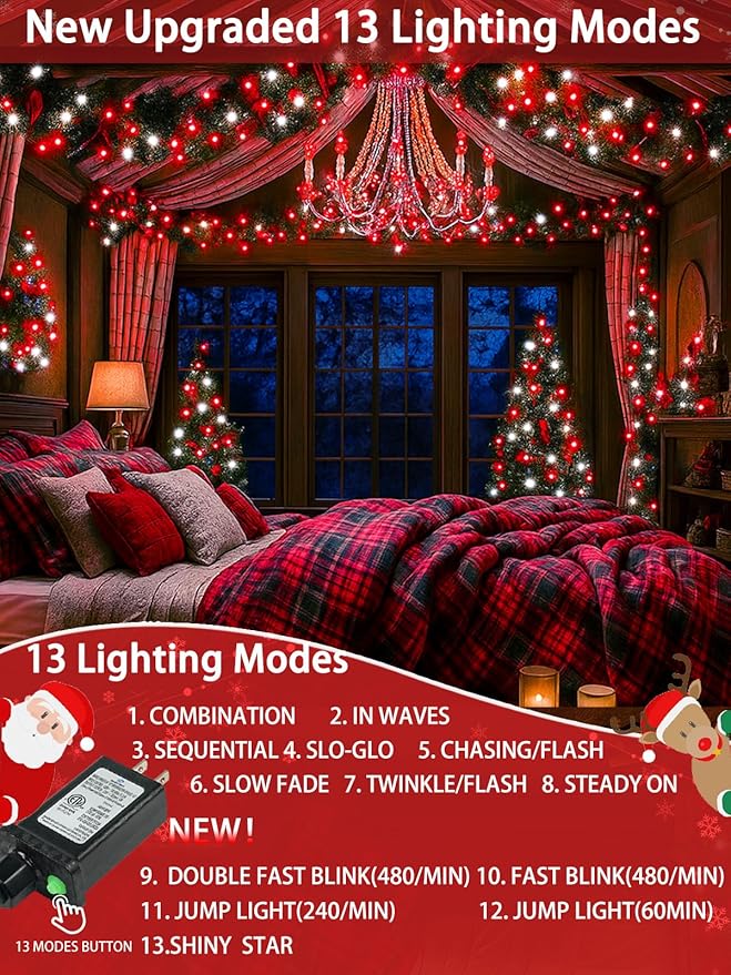 2-Pack 66FT 200 LED Christmas Lights, 13 Modes Extendable Christmas Tree Lights with Timer & Memory, Waterproof Twinkle Fairy Lights Green Wire Outdoor String Lights Indoor for Xmas Tree (Red White)