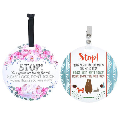 (Three Little Tots) No Touching baby Car Seat and Stroller TWO PACK- Baby Safety No Touching Car Seat Sign, Stroller Sign, Newborn Car Seat Tag- CPSIA Safety Tested (Flower/Woodlands)