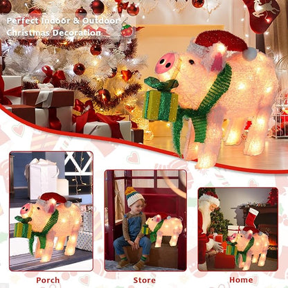Christmas Lighted Pig Decoration 3D Glittered Fluffy Piggy with Gift Box Battery Operated Lighted Up Ornament Outdoor Indoor Christmas Decoration for Home Lawn Yard Garden Display