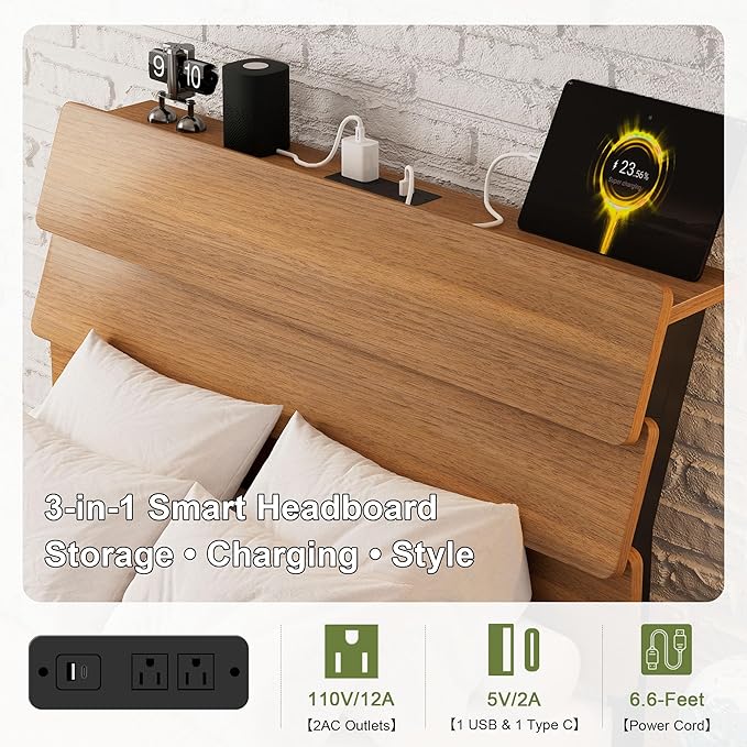 Feonase Floating Bed Frame Twin with Led Lights and Charging Station, Wood Full Size Bed Frame with Storage Headboard, Heavy Duty Metal Slats, No Box Spring Needed, Easy Assembly,Walnut