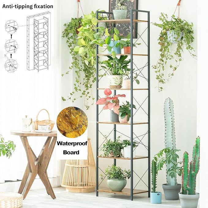 HCHQHS Narrow Bookshelf, Adjustable 6-Tier Industrial Bookcase, Rustic Open Book Shelf, Freestanding Tall Bookshelves with Metal Frame