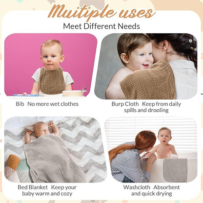 Hahafelt 6 Pcs Muslin Hooded Bath Towels Washcloths and Bibs Set, Muslin Cotton Baby Towels Absorbent Hooded Blanket Towel Infant Bibs for Boys Girls Newborn Infant Essential(Brown, Beige)