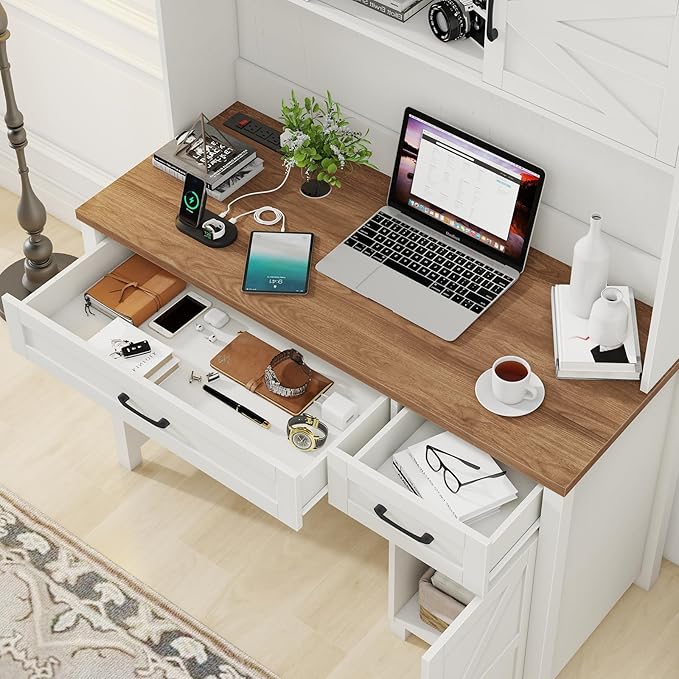 Farmhouse 47" Executive Desk, Computer Desk with Drawers and Storage Cabinet, Home Office Desks with Hutch and Charging Station, Workspace for Work & Study (Unique White).