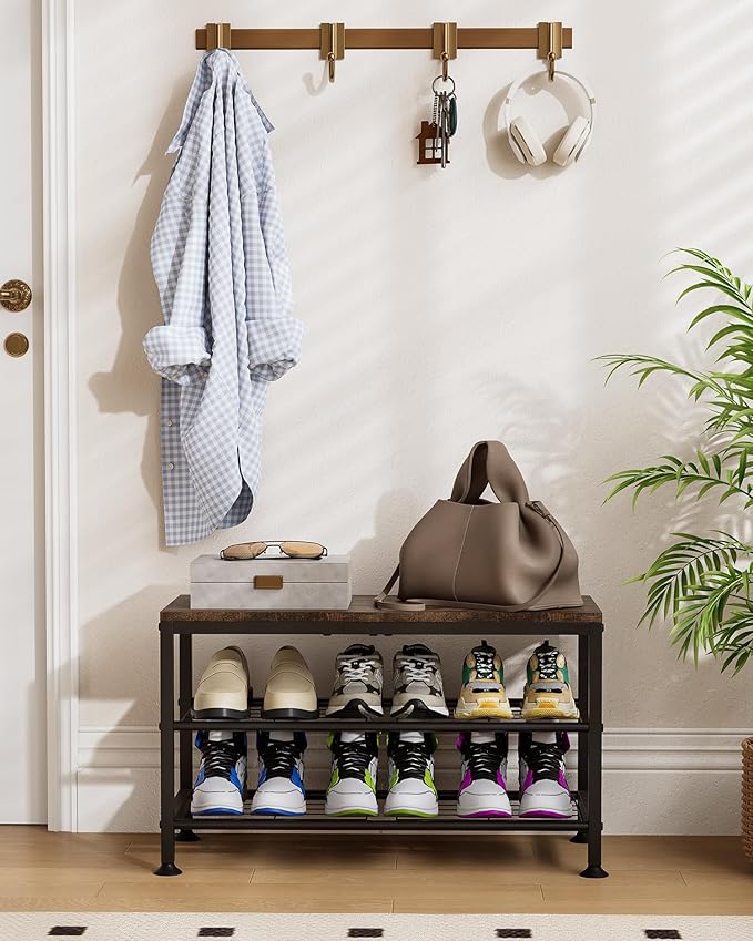3-Tier Shoe Rack Bench - Entryway Organizer with Shoe Storage, Sturdy Shoe Shelf for Front Door, Small Space Saving Furniture, Brown, Holds 286lbs,27.2" x 12.0" x 15.9"