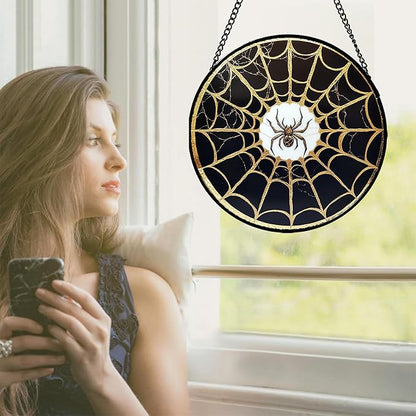 Stained Glass Window Hanging - Black Gold Spider Suncatcher for Door Terrace Garden Home Decor Halloween Sun Catcher Christmas Birthday Gifts for Lovers Women Men Dad Mom Nana 11.8 in