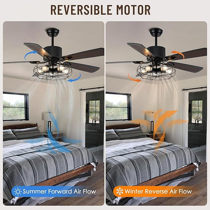 52" Farmhouse Ceiling Fans with Lights and Remote,Industrial Caged Rustic Retro Chandelier Ceiling Fan with Reversible Motor,5 Double Colour Blades for Dining Room Living Room Bedroom