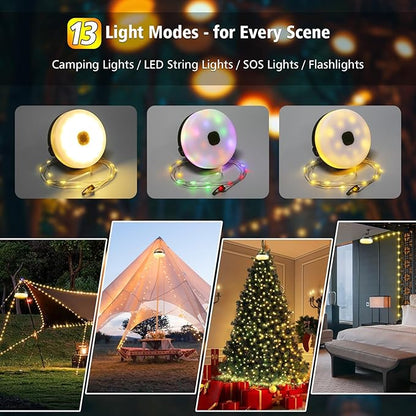 Solar Camping Lights 180LEDs 33FT,Rechargeable 4 in1 Camping String Lights with13 Modes&Timer,Waterproof Christmas Twinkle Lights for Tent,Yard,Outdoor,Garden,Hiking,Travel Decor