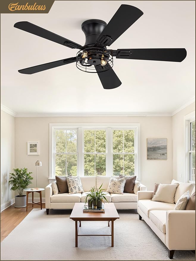 2 Pack Flush Mount 42 Inch Farmhouse Ceiling Fan with Light, Caged Ceiling Fans for Bedroom Living Room, Double-Sided 5 Blades Rustic Ceiling Fan-Black