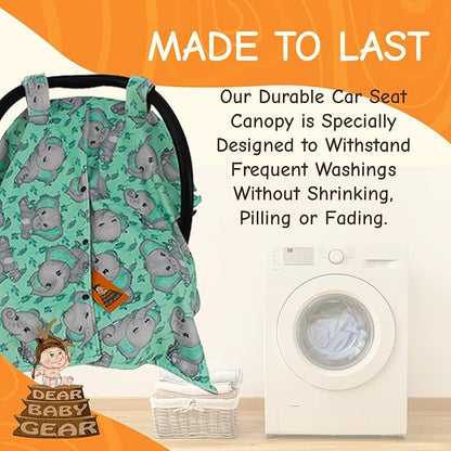 Dear Baby Gear Car Seat Cover for Boys & Girls - Baby Carseat Canopy w/Snap Opening - Infant Seat Cover - Nursing Covers - Newborn Carrier Canopy - 40x30 (Gray Elephants on Mint Foliage - Gray)
