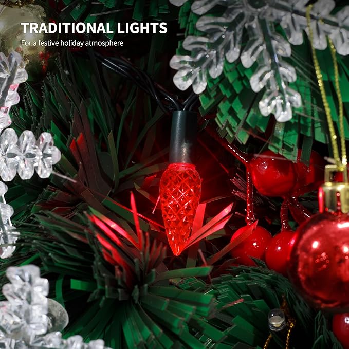 WATERGLIDE C6 Christmas Lights, 33ft 100 LED Faceted String Lights Green Wire Valentines Fairy Lights with 29V Adaptor, 8 Lighting Mode, Waterproof for Indoor Outdoor Patio Xmas Tree Party Decor, Red