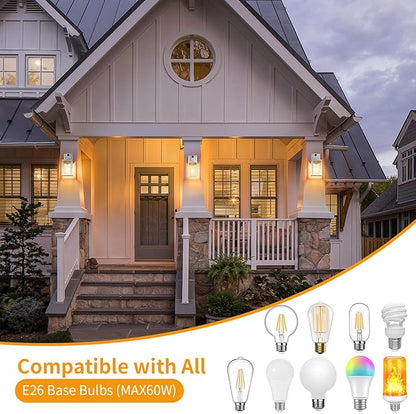 2 Pack Silver Motion Sensor Outdoor Light Fixtures Wall Mount, Dusk to Dawn Front Porch Lights for House, Exterior Wall Sconce, Waterproof Lantern Lamp,Outside Coach Light for Garage Entryway Yard