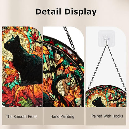 Stained Glass Window Hanging, Halloween Decorations Black Cat Maple Leaf Suncatcher for Doors Garden Indoor Funny Spooky Sun Catchers Gothic Decor for Women, Men, and Mom 8 in