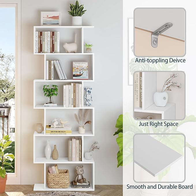 Yusong S Shaped Bookshelf, Modern Geometric Bookcase, 6-Tier White Display Case Book Shelf