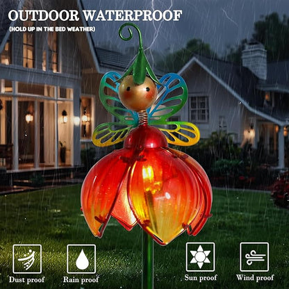 VCUTEKA Solar Garden Lights Metal Flower Decor Colorful Fairy Flowers Solar Pathway Light with LED Cracked Crystal Ball Outdoor Decorative Stake for Patio Yard Lawn