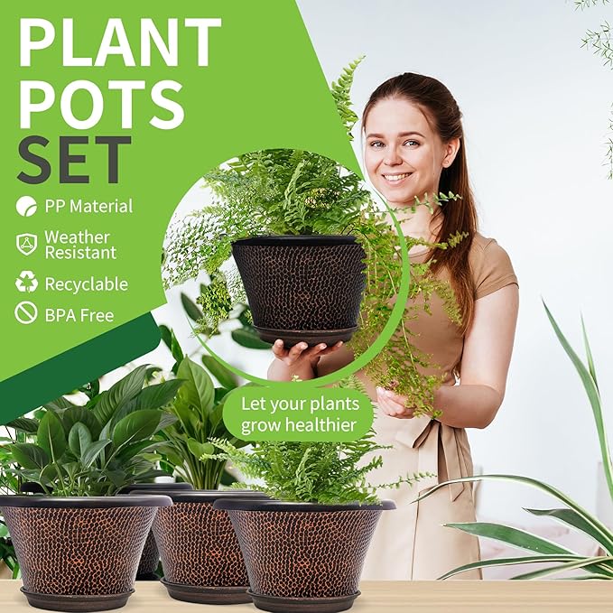 Quarut 12 Inch Pots for Plants,4 Pack Large Flower Pots with Drainage Hole & Saucer,Modern Planters for Indoor Outdoor Plants,Decorative Resin Garden Pots Brown