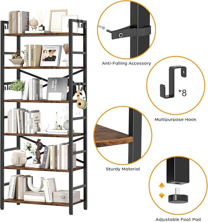 6 Tier Bookshelf, Industrial Bookcase with 8 Hooks, Vintage Storage Rack with Open Shelves, Rustic Standing Bookshelves Metal Frame Display Rack for Living Room, Bedroom, Rustic Brown