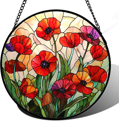 Stained Glass Window Hanging - Poppy Birth Flowers Suncatcher for Door Garden Yard Wildflowers Sun Catchers Decor Christmas Mother's Day Birthday Gifts for Women Mom Nana Friend 11.8 in