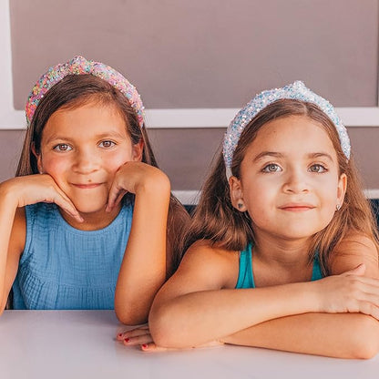 FROG SAC Sequin Knot Headband for Girls, White Knotted Hair Bands Accessories for Kids, Sparkly Iridescent Little Girl Headbands, Cute Fashion Hairbands for Tweens Stocking Stuffers for Children