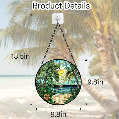 Stained Glass Window Hanging, Green Beach Scenery Suncatcher Diamond Glass Panel Hangings Sun Catchers Decor for Birthday for Women, Men, Wife, Aunt, and Mom 9.8 in