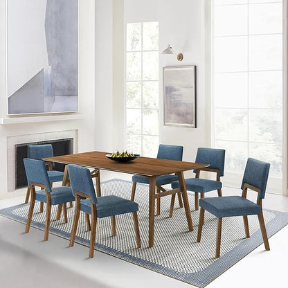 Armen Living Channell Mid Century Modern 7 Piece Walnut Wood Dining Table Set with Blue Fabric