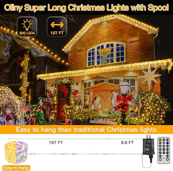 Ollny Christmas Lights Warm and Multicolor, 600LED 197FT Christmas Tree Lights IP67 Waterproof, Plug in Fairy Light with Remote 11 Modes Timer, Xmas Light for Outdoor Indoor House Holiday