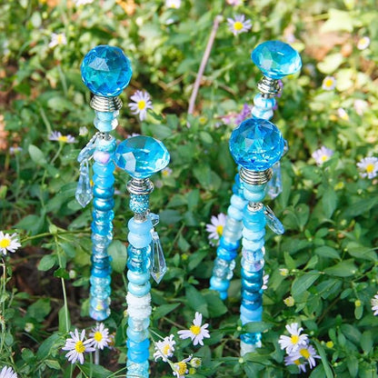 Exway 100 PCS DIY Fairy Wand Beaded Garden Stake Beads Kits with Light Blue Large Hole Beads 4 Crystal Stopper Top Threaded Rods and 4 Light Blue Sparkling Crystal Pendants for Outdoor Indoor Decor