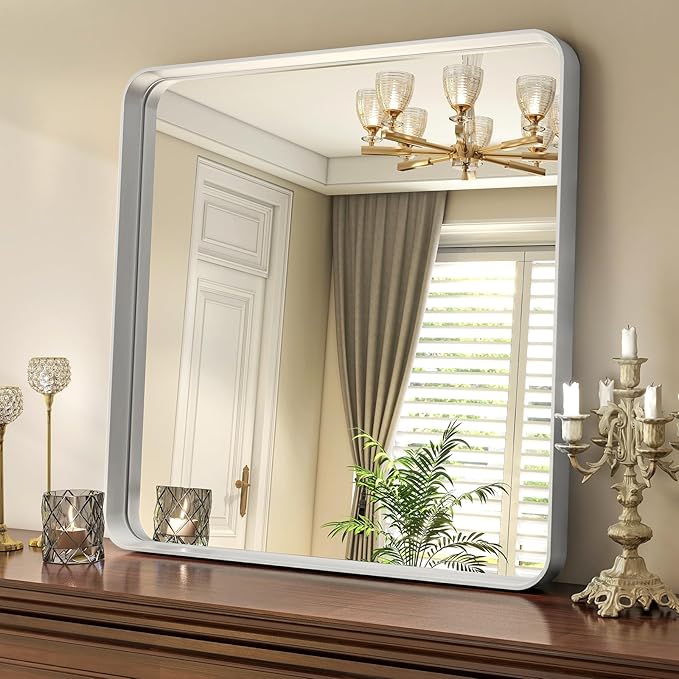 30"x 30" Silver Bathroom Mirror - Aluminum Framed Wall Mirror, Bathroom Wall Mounted Vanity Mirror, Modern Bathroom Mirror, Bedroom, Living Room Wall Mirror, Hang Horizontally or Vertically