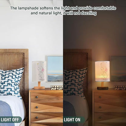 Table Lamp Cute Elephant Baby Play Autumn Leaves Rain Cloud Cartoon Animal Nightstand Lamp with Wood Base Fabric Lamp Shade Bedside Desk Lamp for Living Room Bedroom Kids Room Office