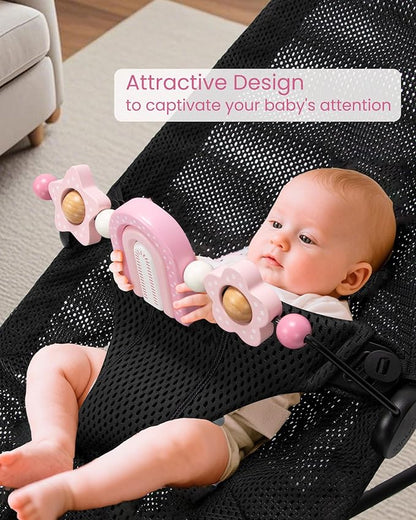 TinlyFinly Baby Bouncer Toy Bar Wooden Compatible with Baby Bjorn Bouncers, Bouncer Toy Attachment, Tight and Secure Fit, So Fun to Watch, Touch and Spin for Babies All Ages (Pink Rainbow)