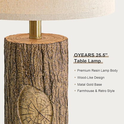 OYEARS 25.5'' Rustic Farmhouse Table Lamps, Faux Wood Tree Bark Lamps with Gold Base, Bedside Lamps Set of 2 with A+C Charging Ports, Retro Nightstand Lamps for Living Room Bedroom Hallway Decor Brown
