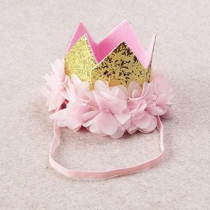 Nishine Gold Glitter Crown Headband Pink Flower Crown Tiara Hairband for Baby Birthday Party Supplies Photo Props (Chiffon& 1)