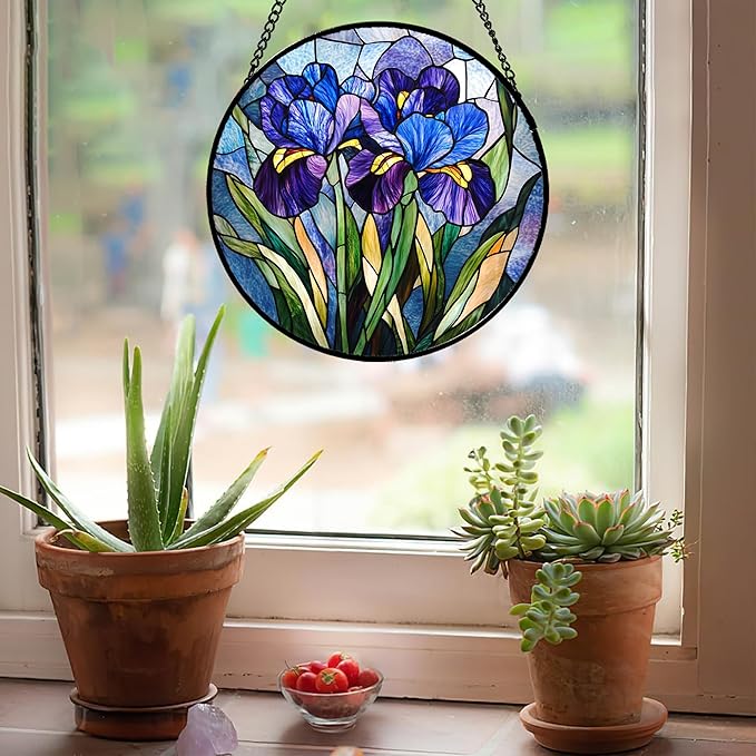 Stained Glass Window Hanging - Blue Purple Iris Flower Suncatcher for Door Garden Patio Sun Catchers Decor Christmas Mother's Day Birthday Gifts for Women Men Mom Nana Aunt Friend 15 in