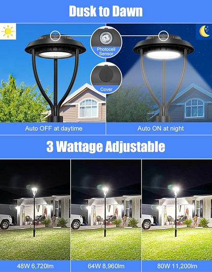 KUKUPPO 80W LED Post Top Light 80W/64W/48W Wattage Selectable ETL Listed 11200Lm LED Post Pole Top Light Dusk to Dawn IP65 Waterproof for Outdoor Commercial Pole Light Fixture AC100-277V