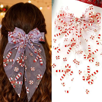 Christmas Bow Hair Clips for Women Girls, Red White Glitter Bow Hairpin, Santa Cane Alligator Clips with Long Tail, Festive Hair Accessories – Xmas Party Wedding Decorations(1 Pack)