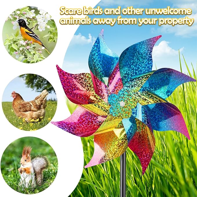 Hausse 10 Pack Reflective Pinwheels Wind Spinner, Extra Sparkly Rainbow Pinwheel with Stakes, Bird Repellent Blinder Devices Deterrent to Scare Birds Away from Yard Patio Farm Garden, Colorful