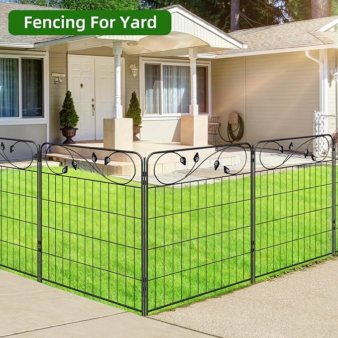 Decorative Outdoor Garden Fence 30in(H) X12ft(L) 6 Panels+7 Stakes Leaf Black Metal Garden Fencing for Landscape Lawn Patio, Temporary Animal Barrier Fences for Dogs