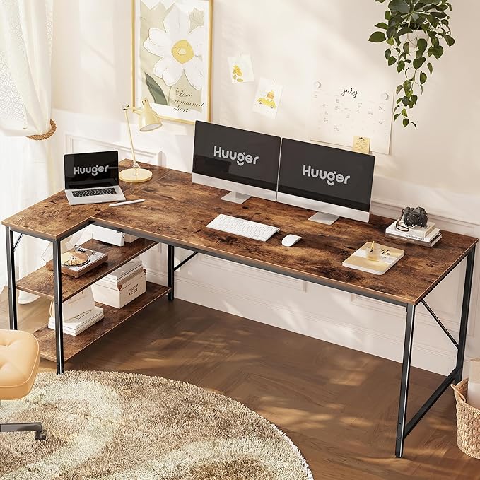 Huuger L Shaped Desk, 63 Inches Computer Desk with Reversible Storage Shelves, for Gaming Corner Home Office Writing Study, Metal Frame, Rustic Brown