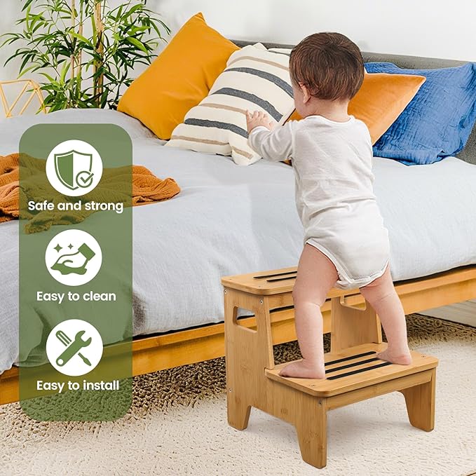 Wooden Step Stools for Kids, Heavy Duty Bamboo 2-Step Stepping Stools for Toddlers, DIY Non-Slip Pads & Handles, for High Bed, Bathroom, Toilet, Kitchen, RV, Natural