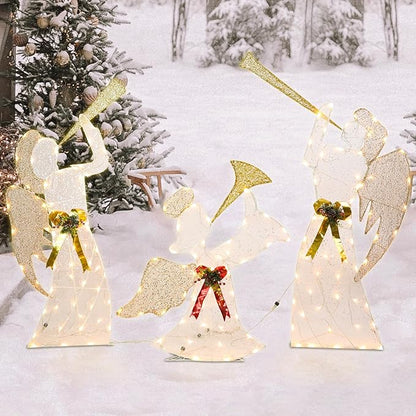 Christmas Outdoor Decorations Lighted Angel Family Set of 3 Christmas Warm Lights Outside Decor 5FT Angel with Trumpet, Outdoor Holiday Decorations for Home, Yard, Garden, Party