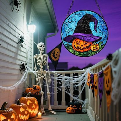 Stained Glass Window Hanging Halloween Horror Pumpkin 6.3" - Suncatcher Door Garden Sunroom Purple Black Witch Hat Sun Catcher Birthday for Friend Mom Men Woman Nana