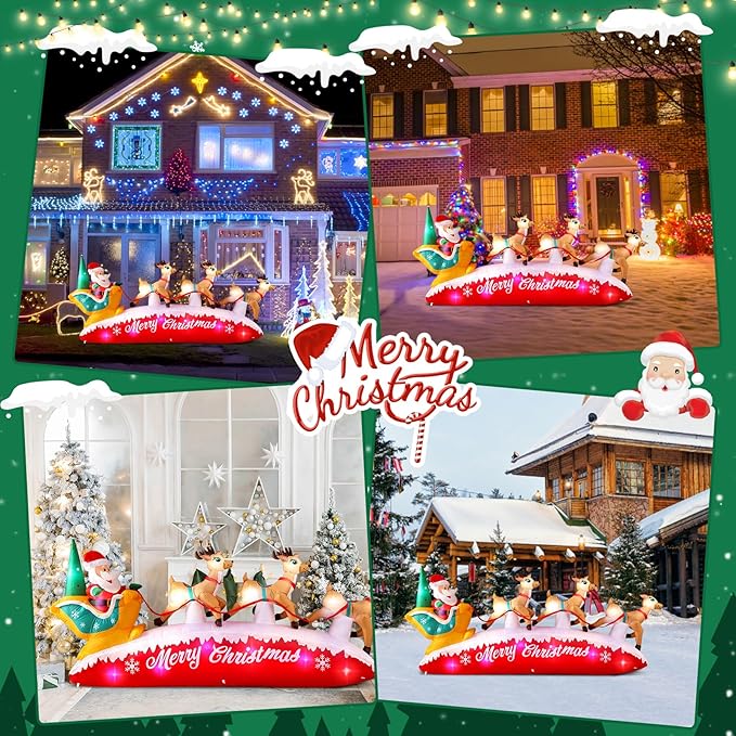 Danxilu Christmas Inflatables 10 FT Long Santa Sleigh with Reindeer Outdoor Decorations, Built-in Colorful LEDs Santa Claus Deer Sled Blow Up Yard Decoration for Outside Lawn Holiday Xmas Decor