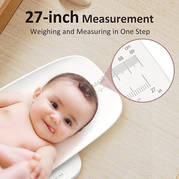 Baby Scale, Multifunctional Baby Weight Scale, Pet Scale for Puppy, Cat, Adult Scale Up to 330lbs, Accurate Digital Scale with Hold Function, 27-inch Height Measurement, 5 Units, LED Screen