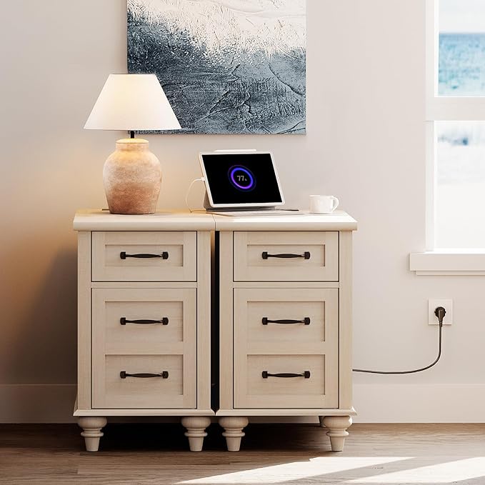 WAMPAT Set of 2 End Tables with Charging Station, Beige Tall Side Table with Storage Cabinet & Drawer, Wooden Nightstands with Power Outlets & USB Ports for Bedroom, Living Room